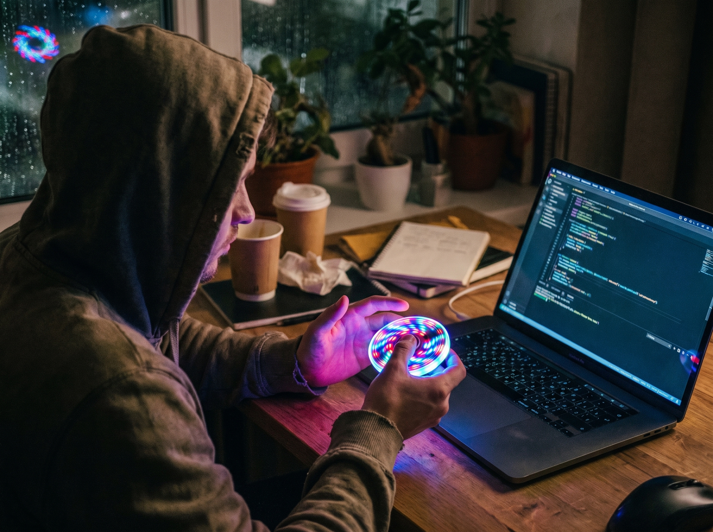 Person spinning the KORVEX LED spinner glowing pink at a desk late at night