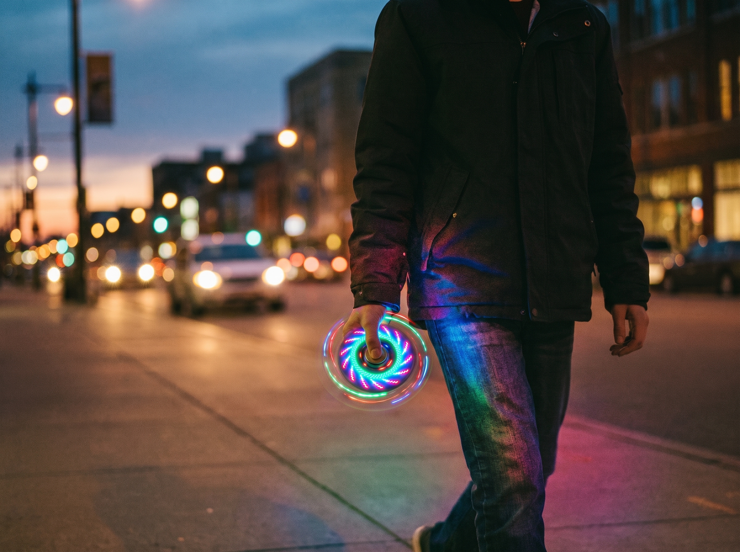 Person walking at dusk spinning the KORVEX glowing gold