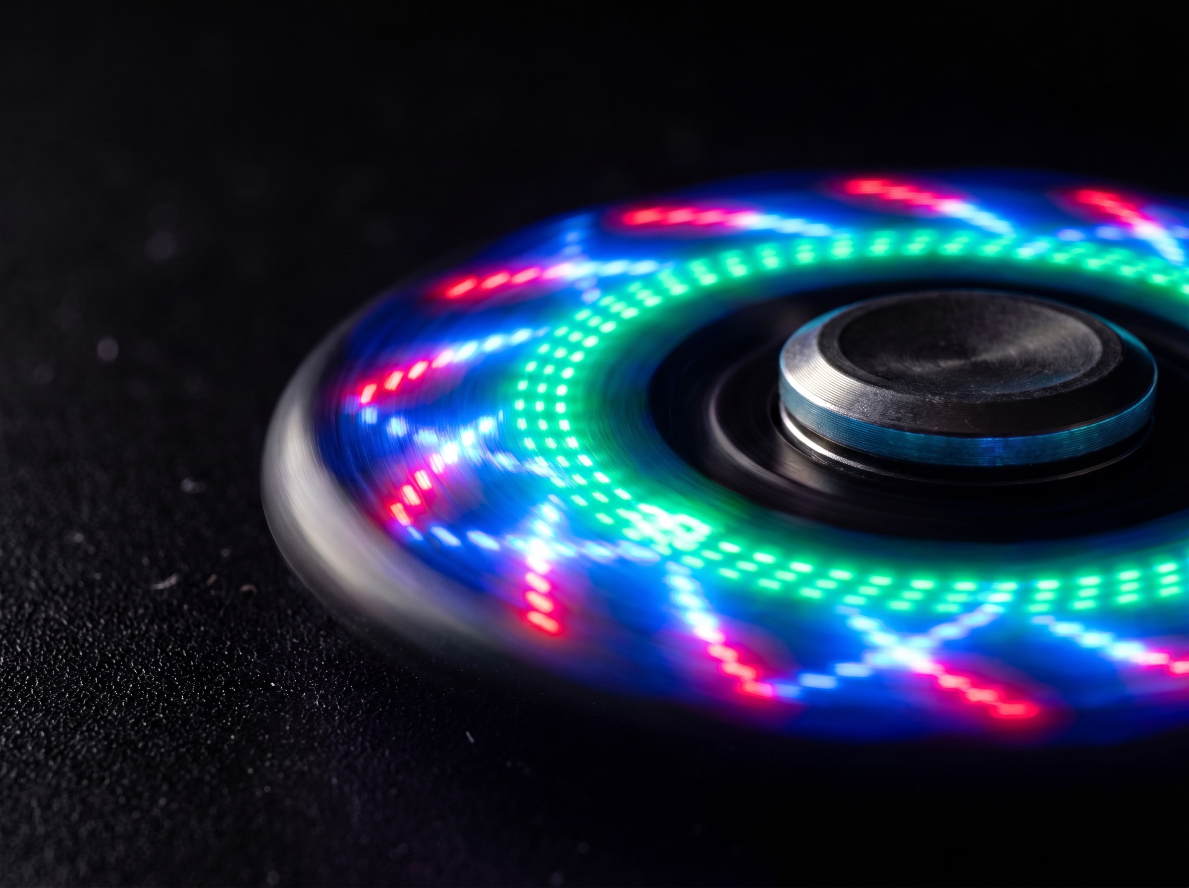 Macro close-up of the KORVEX LED spinner's multicolor light chase mid-spin